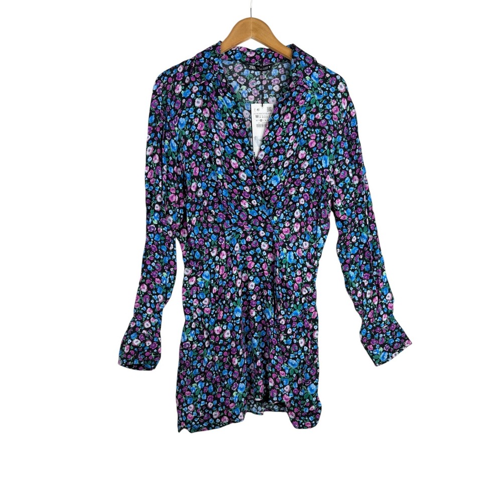 NWT Zara Women's Ditsy Blue Floral Print Faux Wrap Mini Dress Long Sleeve Sz‎ M